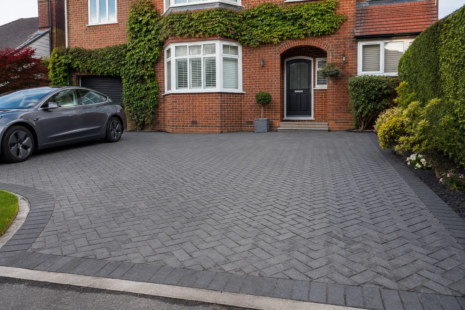 Block paving driveway installation in a Milton Keynes garden