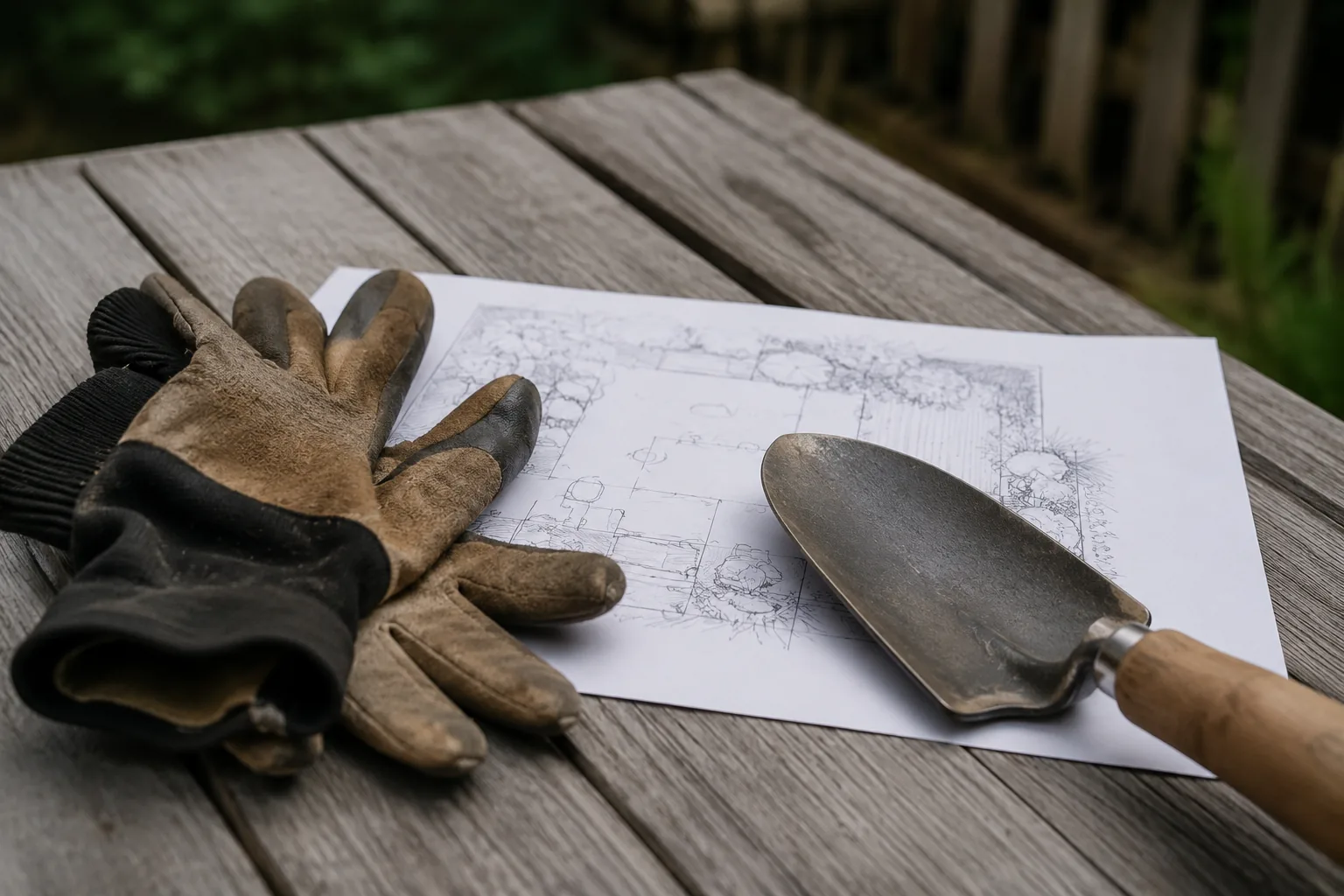 Garden design plan with gloves and trowel on a wooden table