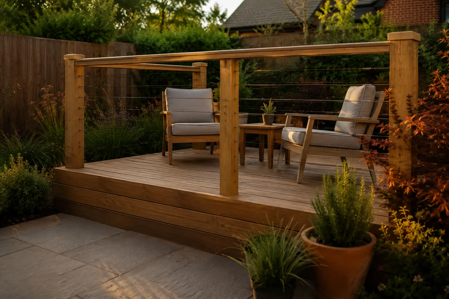 Hardwood deck with pergola and outdoor seating at golden hour
