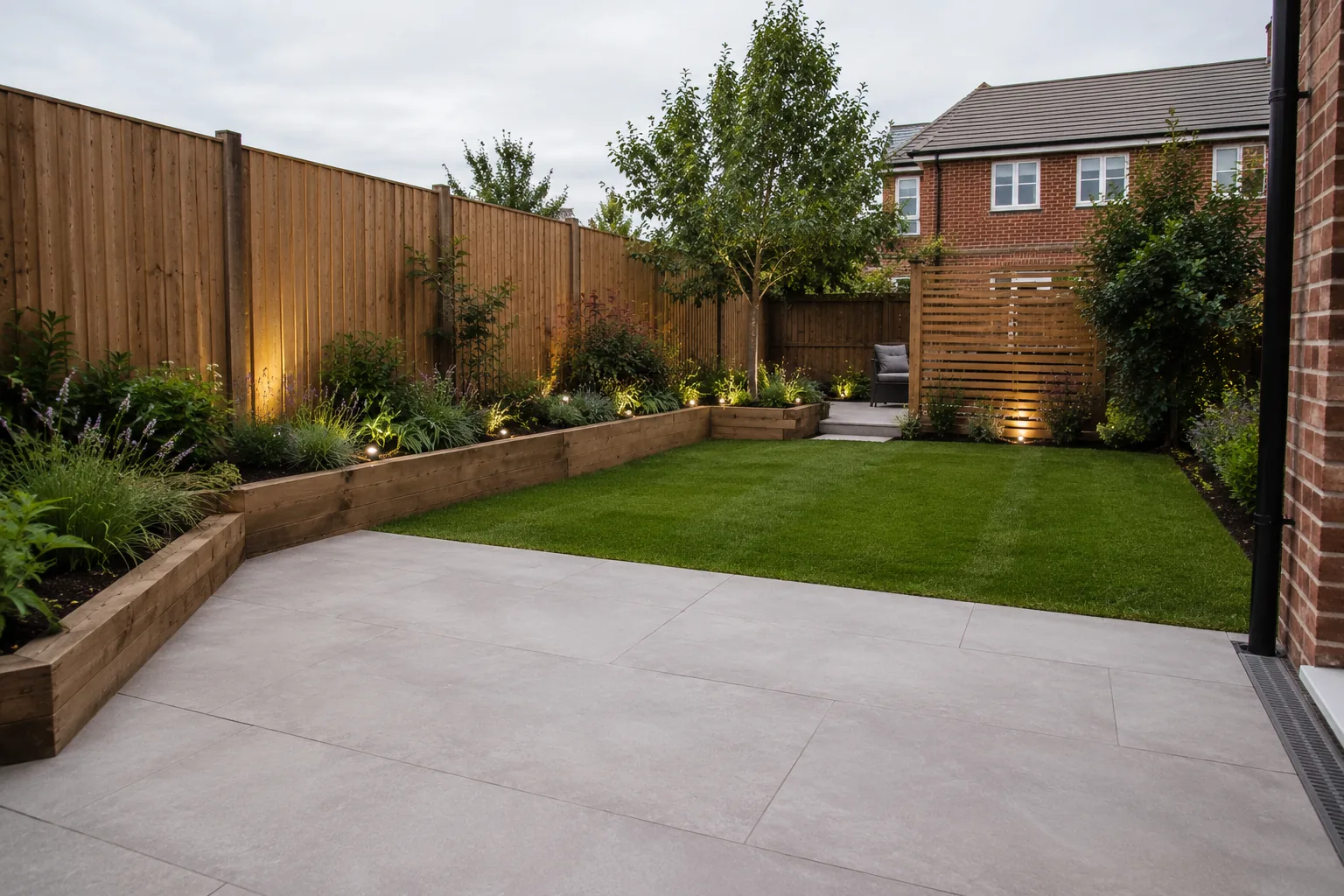 Complete garden transformation with porcelain patio, raised sleeper beds, lawn and evening lighting