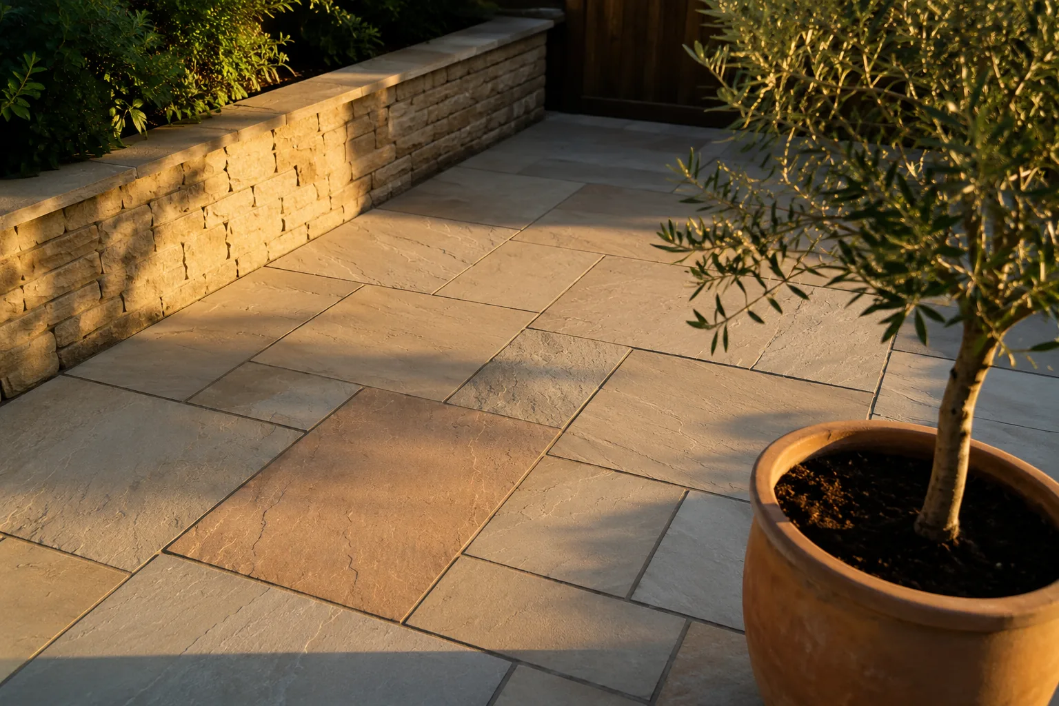 Natural stone patio with olive tree and warm evening lighting