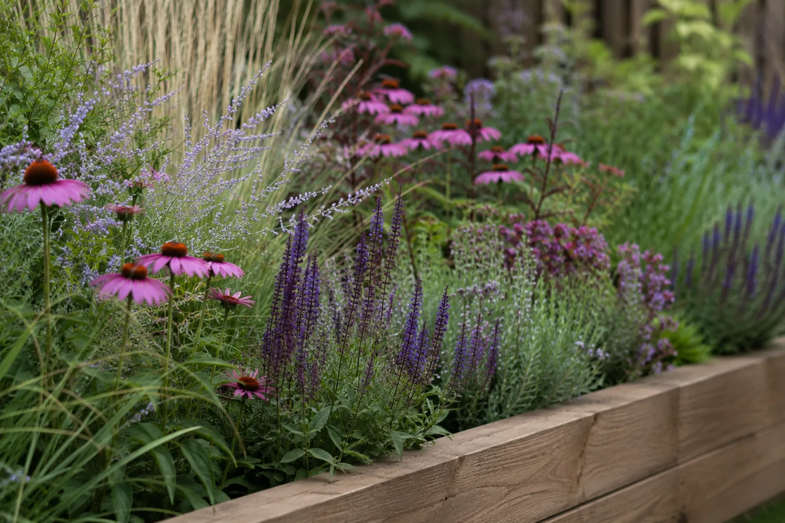 Lush planting border with echinacea, salvia and ornamental grasses